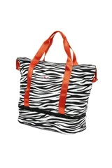 Bolso tipo tote con estampado de cebra en blanco y negro, con doble compartimento y asas de color naranja.