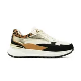 Championes sneakers Korium modelo Maia, con diseño multicolor que combina negro, tostado, blanco, detalles metalizados en dorado y talón con estampado animal print. Presentan suela gruesa y cordones blancos.