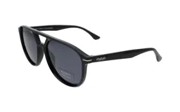 Lentes de sol unisex, con montura negra de acetato y lentes polarizadas grises.