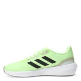 Championes deportivos Adidas modelo Runfalcon 3, color verde lima con las icónicas tres tiras laterales en negro. Presentan una suela blanca de amortiguación y detalles en gris claro en la zona del talón y ojalillos.