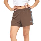 Short marrón Roxy modelo Runny con cintura elástica, tiras laterales celestes y logo bordado en celeste en la pierna.