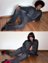 Pantalón de jean gris oscuro, corte amplio y tiro alto.