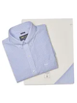 Camisa de vestir de manga larga, color celeste y blanco, con patrón de rayas verticales finas. Presenta cuello button-down y un pequeño logo bordado en el bolsillo del pecho.