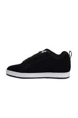 Championes DC modelo Cour, color negro con detalles en gris y suela roja. Diseño robusto inspirado en el skate con cordones anchos y el logotipo de la marca en el lateral.