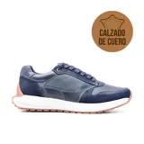 Championes Hi-Tec Jules de cuero azul con detalles en gamuza y malla. Suela blanca con base color caramelo.