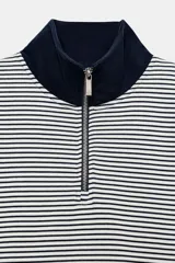 Sudadera de algodón con diseño de rayas horizontales, cuello alto con cierre de cremallera y puños y bajo en color azul marino contrastante.