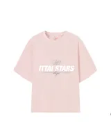 Remera rosa de corte holgado con estampado frontal que incluye el texto "Ittai Stars Ibiza".