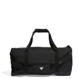 Bolso Adidas Linear Duffel negro con logo blanco estampado. Tiene doble asa de mano, correa de hombro ajustable, compartimento principal con doble cierre, bolsillos laterales (uno de malla y otro con cierre), un bolsillo frontal oculto y un compartimento separado para calzado.