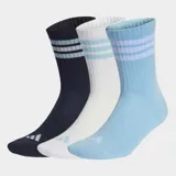 Pack de tres pares de medias acolchadas Adidas de largo clásico, con diseño de tres rayas en la parte superior y logo de la marca en la puntera. Incluye un par negro, un par blanco y un par celeste.