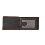 Billetera marrón de cuero con banda horizontal negra y logo metálico.