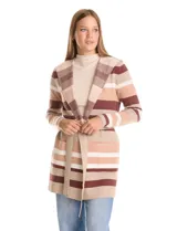 Cardigan de punto con capucha, diseño a rayas horizontales en tonos beige, crema y bordó. Presenta cierre frontal con lazo ajustable en la cintura, bolsillos aplicados y mangas largas.