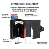 Billetera tarjetero automática de cuero negro con estructura interna de aluminio en color azul. Cuenta con cierre de broche a presión y logo grabado en el frente.