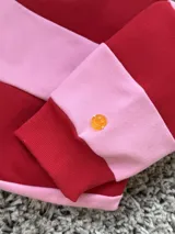 Buzo oversize a rayas horizontales rosas y rojas con cuello redondo y logo bordado en el pecho.