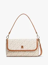 Cartera mensajera con estampado integral del monograma TH, cierre a presión, asa superior extraíble y correa ajustable y extraíble.