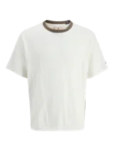 Remera de manga corta con corte holgado, confeccionada en algodón. Presenta un diseño liso en color blanco con cuello redondo en contraste de color marrón.