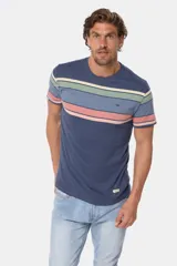 Remera de manga corta con cuello redondo y diseño rayado multicolor en tonos azules, beige, verde y rosado, con pequeño logo bordado en el pecho.