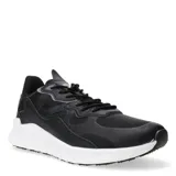 Championes deportivos de hombre en color negro, con diseño de paneles superpuestos en material sintético y malla, cierre mediante cordones y suela blanca con relieve estriado.