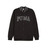 Campera Puma Squad negra con cuello estilo varsity, cierre con botones, bolsillos laterales y logo Puma bordado en el pecho.