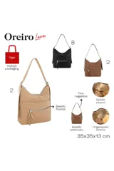 Cartera tipo hobo de cuero sintético beige, con bolsillo frontal con cierre, tira con cordón decorativo y herrajes plateados.