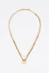 Collar de estilo multicadena con múltiples tiras entrelazadas: una de perlas pequeñas, dos de cadena dorada con pequeñas incrustaciones de esmalte de colores, y una de cadena dorada lisa. Finaliza con un dije circular dorado con forma de corazón calado en el centro.