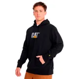 Buzo canguro negro con capucha ajustable y bolsillo frontal. Logo CAT blanco y amarillo estampado en el pecho.