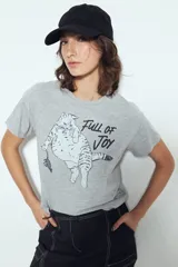 Remera gris de manga corta con estampado de un gato gordo sosteniendo un ratón y la frase "FULL OF JOY".