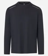 Remera deportiva de manga larga con cuello redondo, confeccionada en tejido técnico Dry Fit. Presenta un diseño liso en color negro con detalles reflectantes en los hombros.