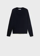 Jersey de punto fino color negro, con cuello en pico y manga larga. Presenta un diseño recto y minimalista.