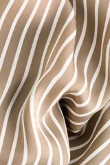Camisa de manga larga con estampado de rayas verticales en tonos marrón y blanco. Presenta cuello clásico, cierre frontal con botones, puños abotonados y bajo redondeado.