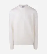 Suéter de punto para hombre con cuello redondo y manga larga. Presenta un diseño combinado con una parte superior lisa y una parte inferior con canalé texturizado horizontal. Marca Marfinno.