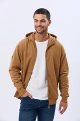 Canguro de felpa color azul marino con cierre frontal completo, capucha con cordones y bolsillos canguro.