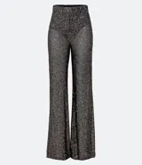 Pantalón largo de lentejuelas negras metalizadas con forro y cintura elástica.