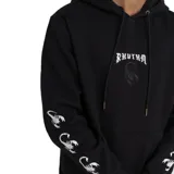 Canguro negro con capucha, bolsillo tipo canguro y cordones ajustables. Estampado frontal con el logo de la marca y diseño de escorpiones en las mangas.