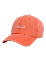 Gorra Caterpillar de seis paneles color naranja con efecto lavado, visera curva y logo bordado en blanco en la parte frontal.