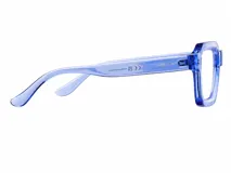 Lentes blueblocker con armazón cuadrado de diseño moderno y bordes gruesos, fabricado en material bio-based color azul traslúcido.