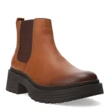 Botas tipo Chelsea de cuero color marrón, con paneles elásticos laterales en tono oscuro y suela de plataforma dentada con taco cuadrado.