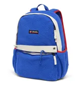 Mochila Columbia Helvetia II 14L de tejido tipo corderito azul, con detalles en color blanco y rojo. Cuenta con compartimento principal con funda acolchada para dispositivos, bolsillo frontal con cierre y solapa, bolsillos laterales para botellas, respaldo y correas ajustables acolchadas.