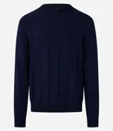 Suéter masculino de punto con textura cuadrillé, cuello redondo y mangas largas con puños acanalados.