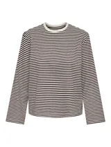 Top de manga larga con diseño a rayas horizontales en color marrón y blanco, cuello redondo y corte holgado.