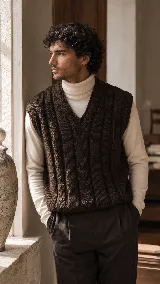 Chaleco de punto color marrón con escote en V y diseño de trenzas verticales. Confeccionado en lana merino, presenta una silueta relajada y textura marcada.