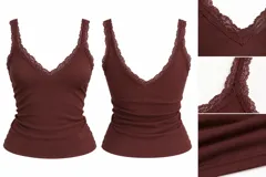 Top musculosa acanalada de color marrón chocolate, con escote en V profundo adelante y en la espalda, adornado con detalles de encaje y puntilla en los bordes y en los breteles anchos.