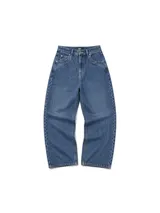 Jean de corte baggy con diseño de rayas verticales finas en denim azul, tiro alto y bolsillos laterales.