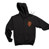 Campera con cierre frontal y capucha, color negro, con estampado pequeño de un diablo en color naranja en el pecho.