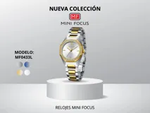 Reloj Mini Focus para mujer, modelo MF0433L, con caja plateada y dorada, dial plateado con detalles de strass y pulsera de acero plateada y dorada.