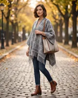 Poncho de dama color gris con diseño geométrico de líneas blancas entrelazadas y terminación de flecos en el ruedo.