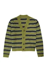 Cardigan de punto con textura suave, diseño a rayas horizontales en tonos verdes, cuello en V y cierre frontal con botones.