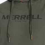 Buzo hoodie color verde oliva con logo Merrell estampado en el pecho. Confeccionado en algodón reciclado con interior de semi-lana.