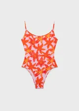 Malla enteriza con estampado floral en tonos naranja sobre fondo claro, de escote redondo y tirantes finos ajustables con espalda abierta.