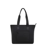 Cartera tipo tote bag color negro, con doble asa de hombro con detalle de texto grabado, bolsillo frontal con cierre y aplique metálico de labios.