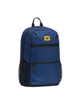 Mochila urbana Cat modelo Liam, color azul, con bolsillo frontal con cierre, bolsillos laterales de malla y logo de la marca en parche amarillo.